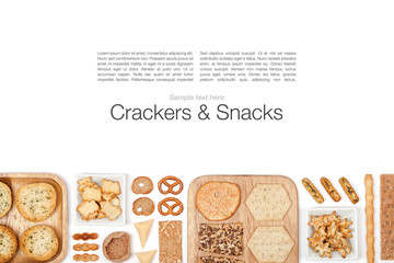 crackers and snacks on white background 
