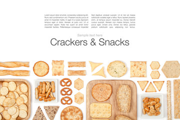 crackers and snacks on white background 
