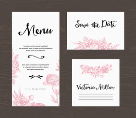 Wedding set. Menu, save the date, guest card. Pink flowers peonies and roses. Vintage vector illustration.