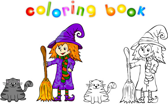 Witch with black cat coloring book