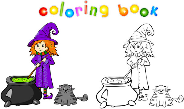 Witch cooking a potion in a cauldron Coloring book
