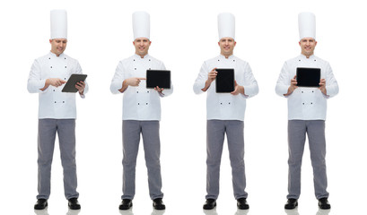 happy male chef cook showing with tablet pc