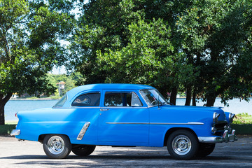 Kuba Havanna blauer Oldtimer parkt unter Bäumen