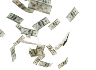 close up of us dollar money flying over white