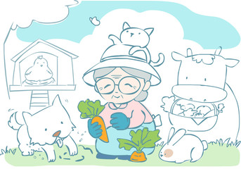 happy granny gardening with her pet vector