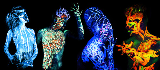 Four elements. Body art glowing in ultraviolet light