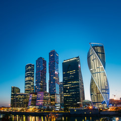 Fototapeta na wymiar Buildings Of Moscow City Complex Of Skyscrapers At Evening In Mo