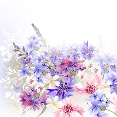 Fototapeta na wymiar background blue, pink and purple cornflowers