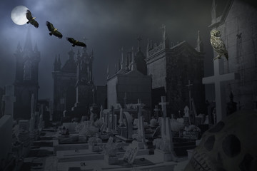 Fototapeta na wymiar Mysterious old cemetery at night