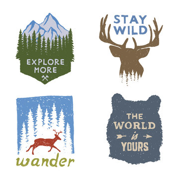 set of wilderness hand drawn typography posters, emblems and quotes. artworks for hipster wear. vector Inspirational illustration 