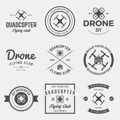 vector set of drone flying club labels, badges and design elements