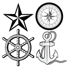 NAUTICAL STAR, COMPASS, RUDDER AND ANCHOR AND ROPE OUTLINE VECTOR