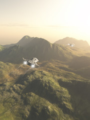 Spaceship Exploration Mission - Science fiction illustration of small spaceships flying a scouting mission across the mountains on an alien planet, 3d digitally rendered illustration © Algol