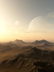 Planet Rise - Science fiction illustration of planets rising over the horizon of a desolate alien world, 3d digitally rendered illustration © Algol