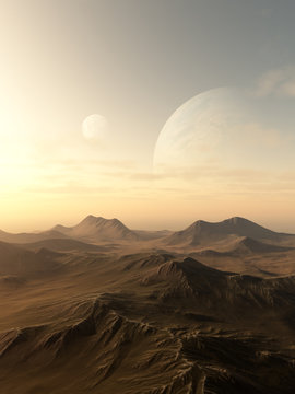 Planet Rise - Science fiction illustration of planets rising over the horizon of a desolate alien world, 3d digitally rendered illustration