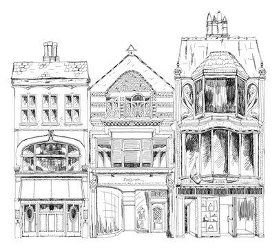 Old English town houses with small shops or business on ground floor. Bond street, London. Sketch collection