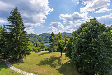 Fototapeta na wymiar Landscape Area of Plitvice Lakes. Sunny day, clouds