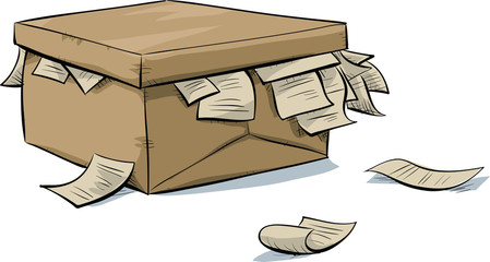 A cartoon cardboard box with paper documents spilling out from under the lid.