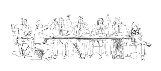 Obraz premium Silhouettes of successful business people working on meeting. Sketch