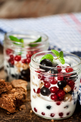 Breakfast granola with fruit and milk