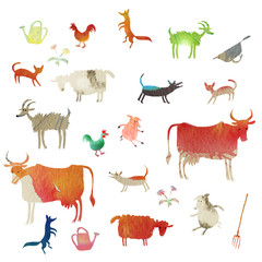 set of watercolor farm animals