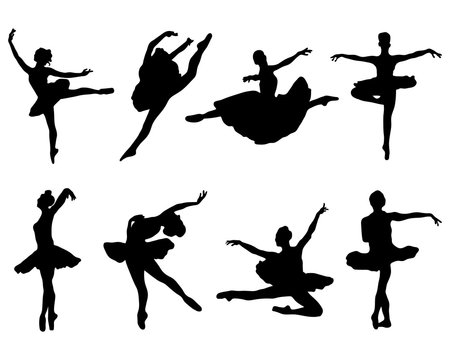 Black silhouettes of  ballerinas on white background, vector