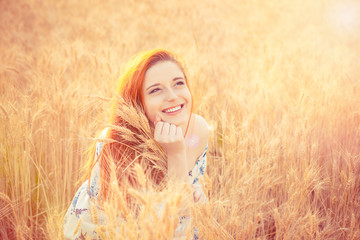 Portrait closeup smiling young woman girl looking up enjoying nature