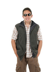 young man posing wearing sunglasses and vest