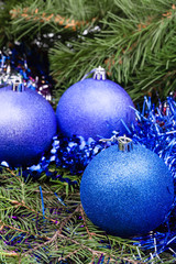 blue violet Christmas baubles, tinsel, Xmas tree 1