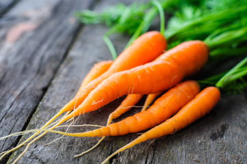 Bunch of fresh washed carrot on the old wooden background