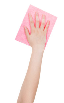 top view of hand with pink cleaning rag isolated