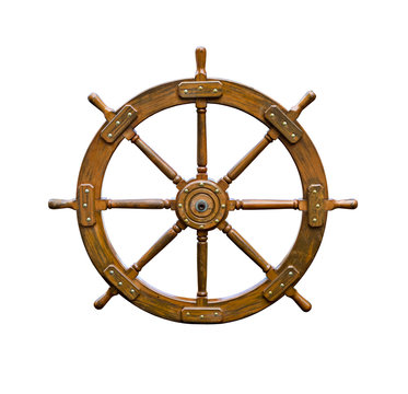 Old boat steering wheel isolated on white background. Useful for leadership and skillful management concepts