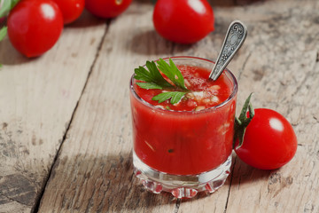 Tomato juice with vegetables and fresh tomato, selective focus