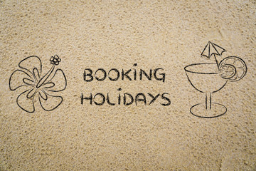 booking holidays, cocktail and flower illustration on sand