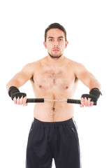 tough martial arts fighter wearing black shorts and wristband