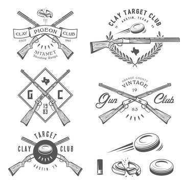 Set of vintage clay target and gun club labels, emblems and design elements