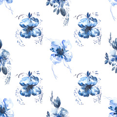 Seamless pattern with watercolor blue flowers