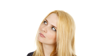 Naklejka premium Headshot of an attractive young woman looking up and over.