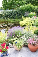 Bauerngarten mit Hortensie, Salbei, Lavendel und Teich