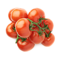 Multiple red tomatoes on a single stem