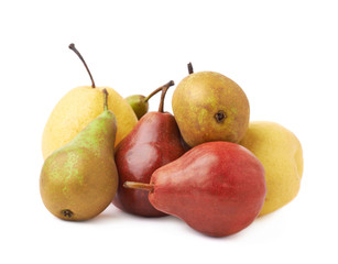 Pile of green, red, yellow pears isolated