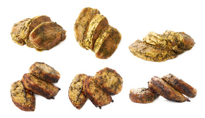 Three marinated beef slices isolated
