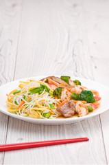 Noodles with Chicken Beef and Crab Stick
