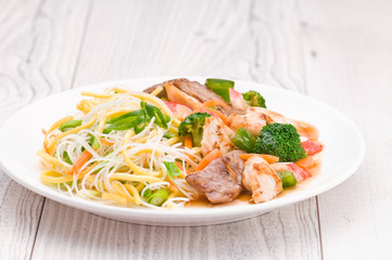 Noodles with Chicken Beef and Crab Stick