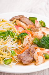 Noodles with Chicken Beef and Crab Stick
