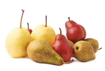 Pile of green, red, yellow pears isolated