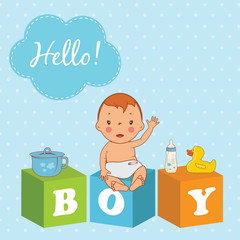 Illustration of cute  baby boy with children bricks. Vector