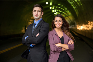 Team legal office partnership portrait interesting unique background lights city life