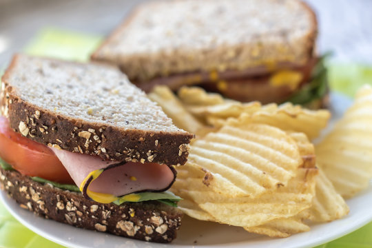 close up horizontal image of a whole wheat sandwich with meat and tomato on a plate with potato chips.