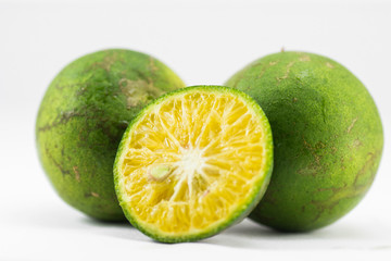 Orange half saw the watery orange juice. The fruit is refreshing